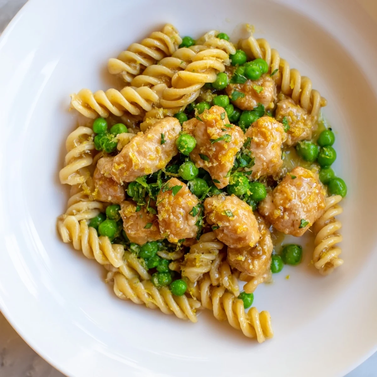Tender chicken pieces and sweet peas tossed in rich garlic butter sauce over curly pasta, garnished with fresh parsley and lemon zest.