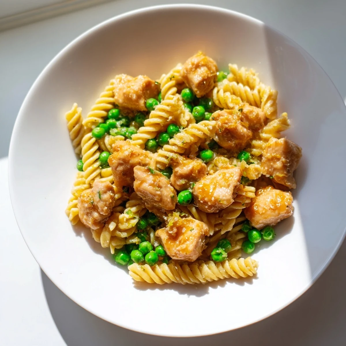Golden chicken and al dente fusilli coated in a creamy garlic butter sauce, with bright green peas and a sprinkle of Parmesan cheese.