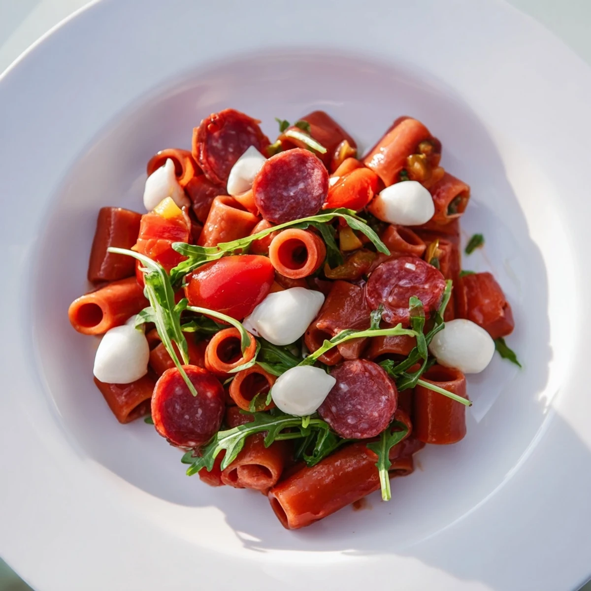 Spring Antipasto Pasta Salad is tossed with savory salami, pickled vegetables, and ripe cherry tomatoes for a vibrant picnic side.  