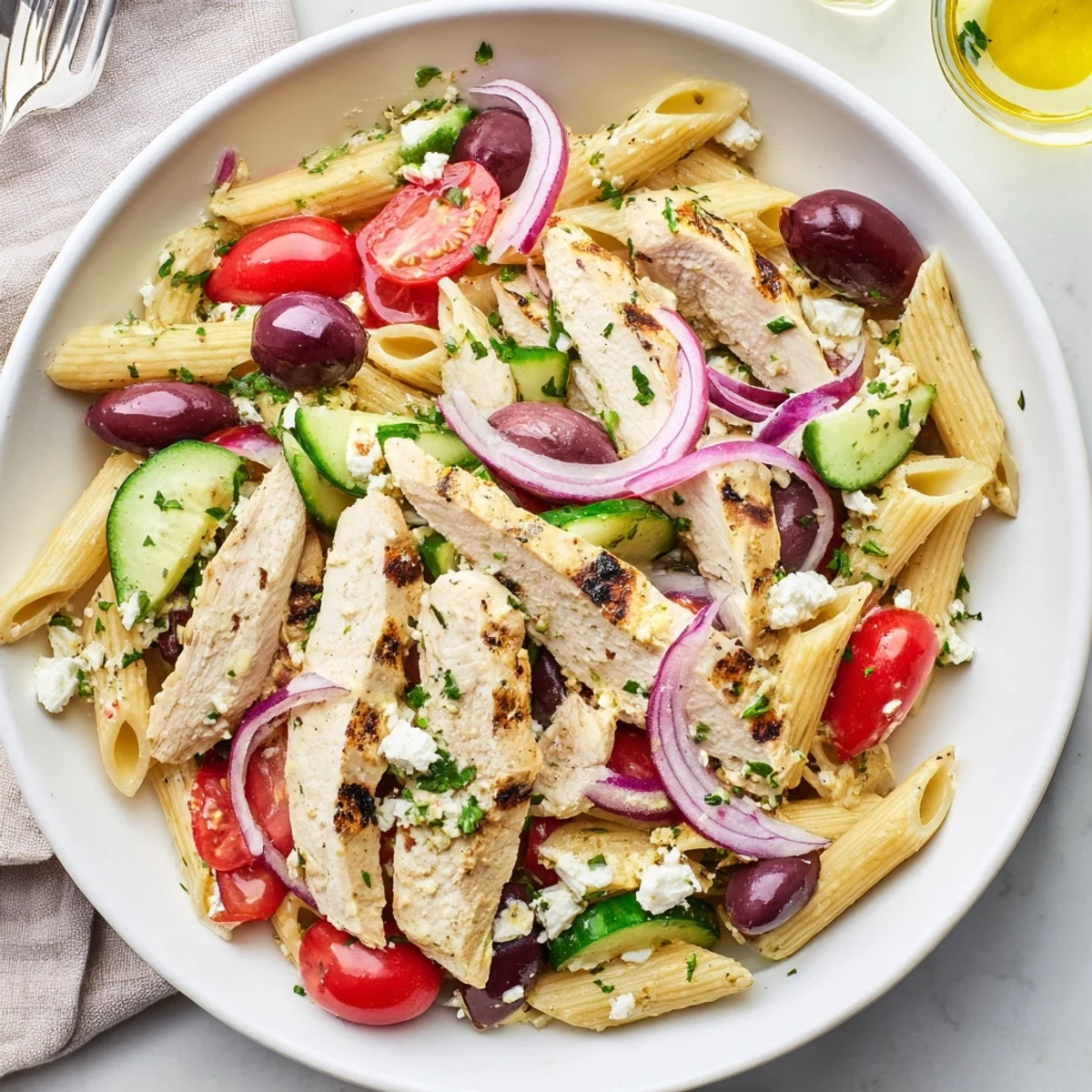 Sliced lemony chicken and crumbled feta top this Greek Chicken Pasta Bowl with fresh cucumbers and cherry tomatoes.