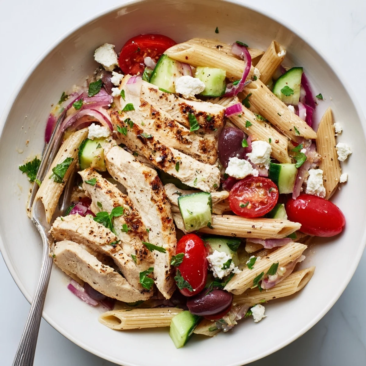A chilled Greek Chicken Pasta Bowl features juicy chicken, olives, and a red wine vinaigrette, perfect for a light summer lunch.