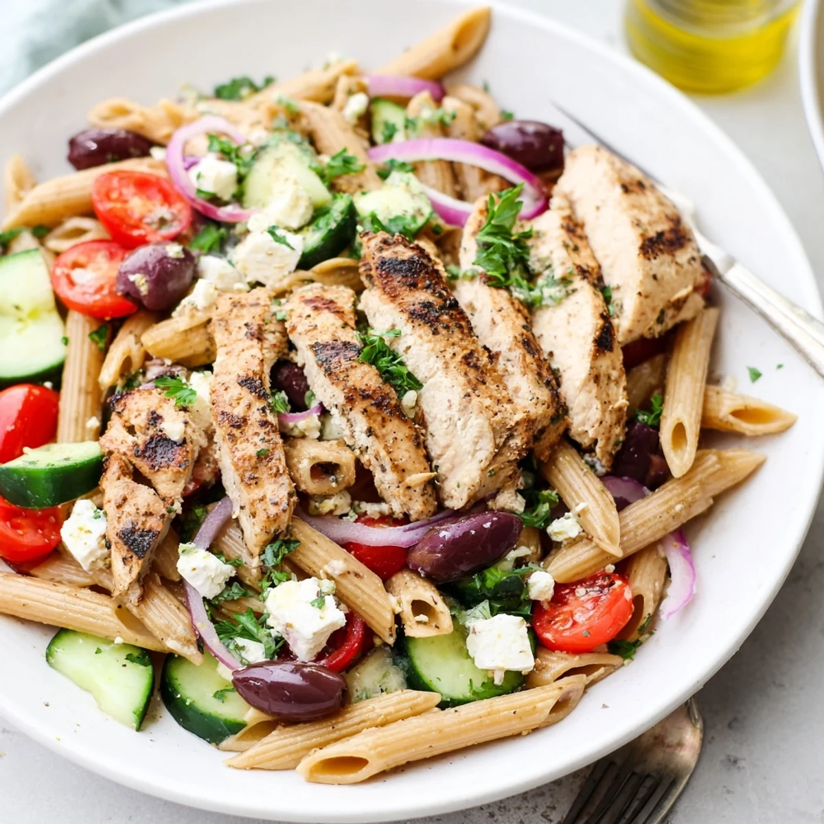 Mediterranean Greek Chicken Pasta Bowl with penne, crisp vegetables, and feta, ready for a quick and satisfying family dinner.