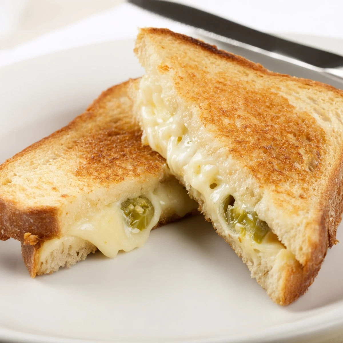 Golden-brown Jalapeño Havarti Grilled Cheese sandwiches slice open to reveal melted cheese and fresh jalapeño rings.