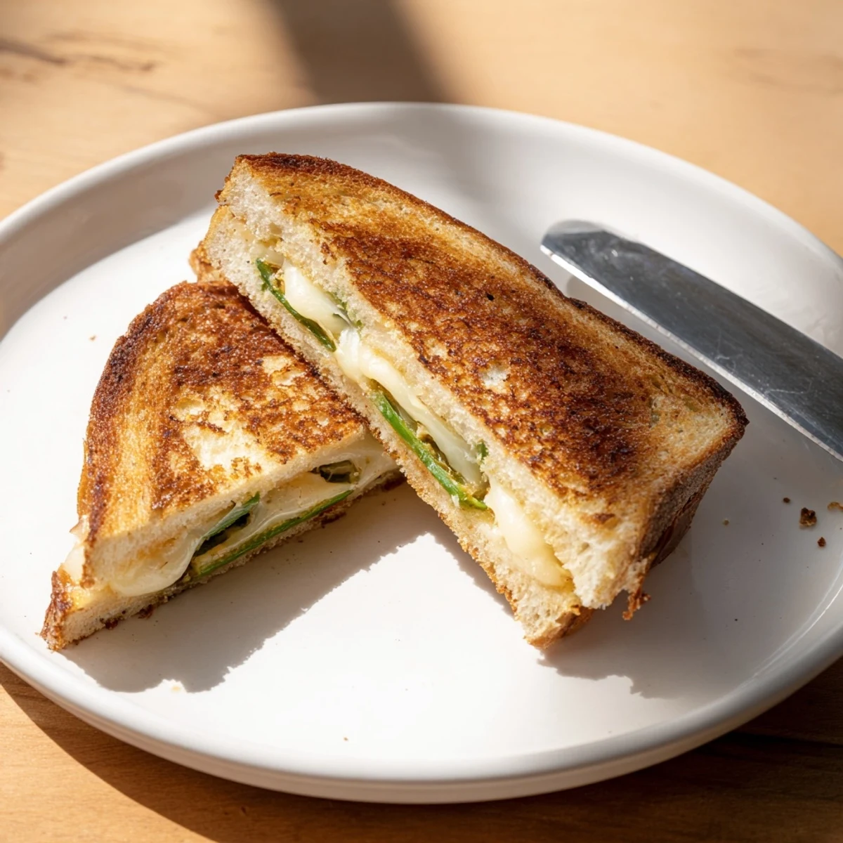 A close-up of Jalapeño Havarti Grilled Cheese, showing crispy sourdough with melted Havarti and vibrant green jalapeño slices.