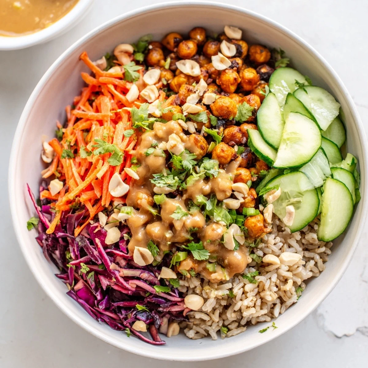 A close-up of a Peanut Chickpea Rice Bowl drizzled with creamy sauce and garnished with green onions.