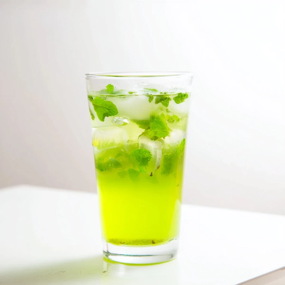 Two tall glasses of Celery Ginger Lemon Juice filled with vibrant green liquid, garnished with celery stalks and fresh mint leaves against a bright kitchen backdrop.