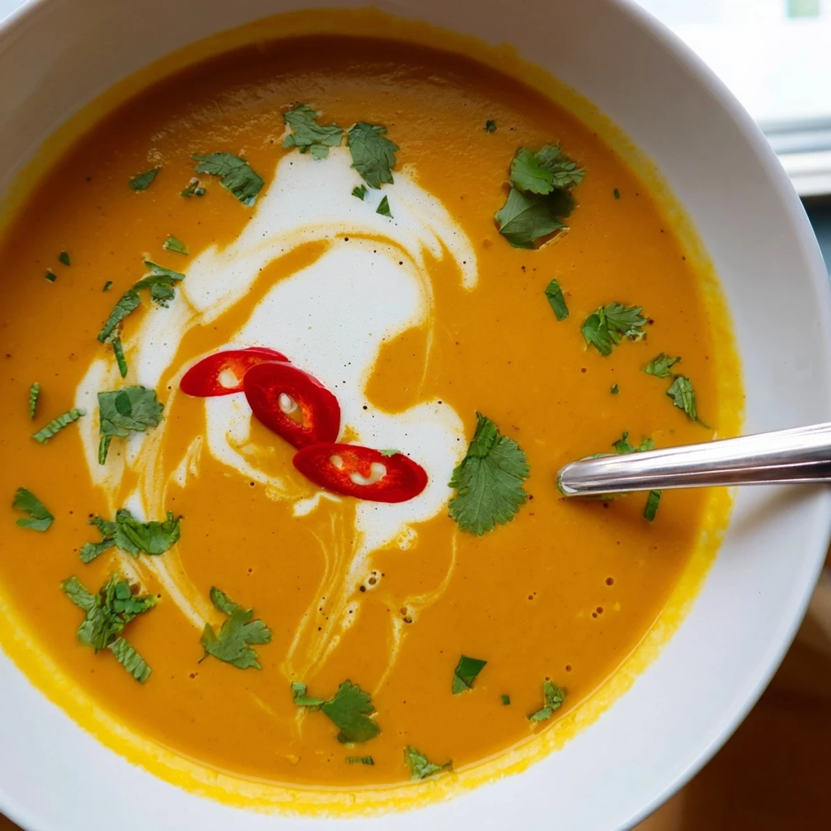 A vibrant bowl of Carrot, Celeriac, and Chilli Soup garnished with fresh coriander and a swirl of vegan yogurt.