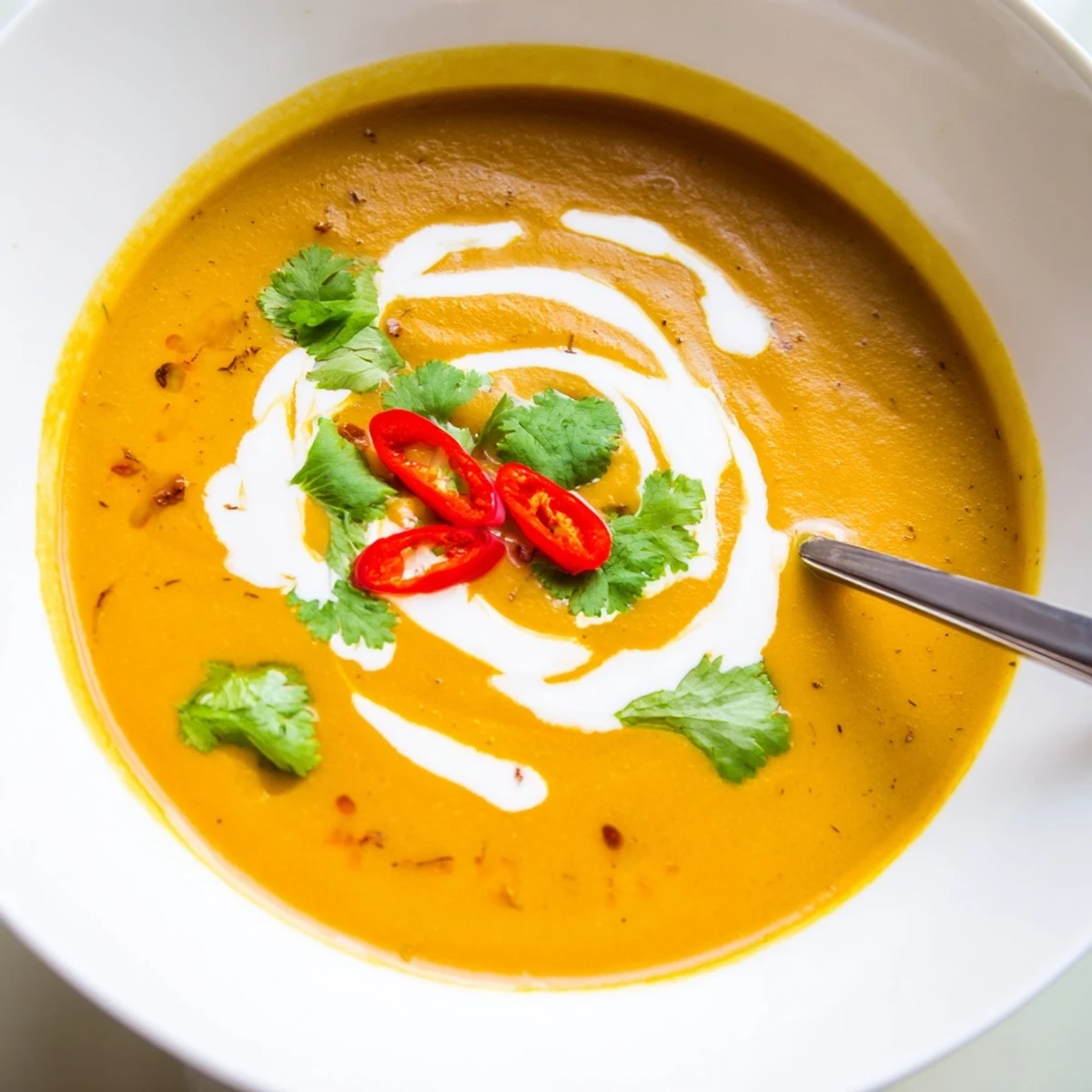 Steaming Carrot, Celeriac, and Chilli Soup served in a rustic bowl, showcasing its smooth, golden-orange texture.