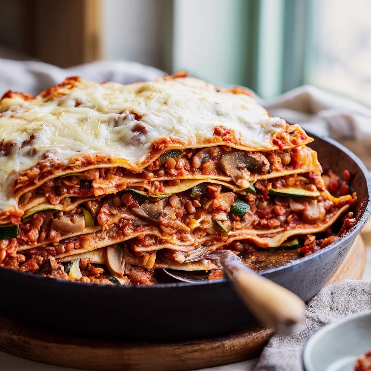 Golden-brown One-Pan Smoky Veggie Lentil Lasagne fresh from the oven, bubbling with melted mozzarella and fresh basil garnish.  