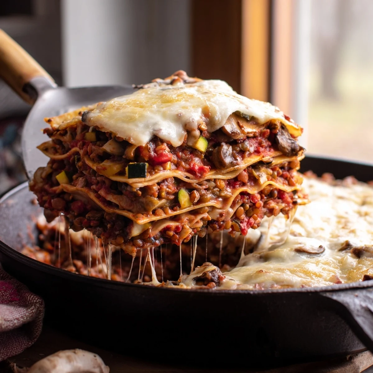 One-Pan Smoky Veggie Lentil Lasagna served hot from the skillet, showcasing smoky paprika, mushrooms, and zucchini nestled in pasta.