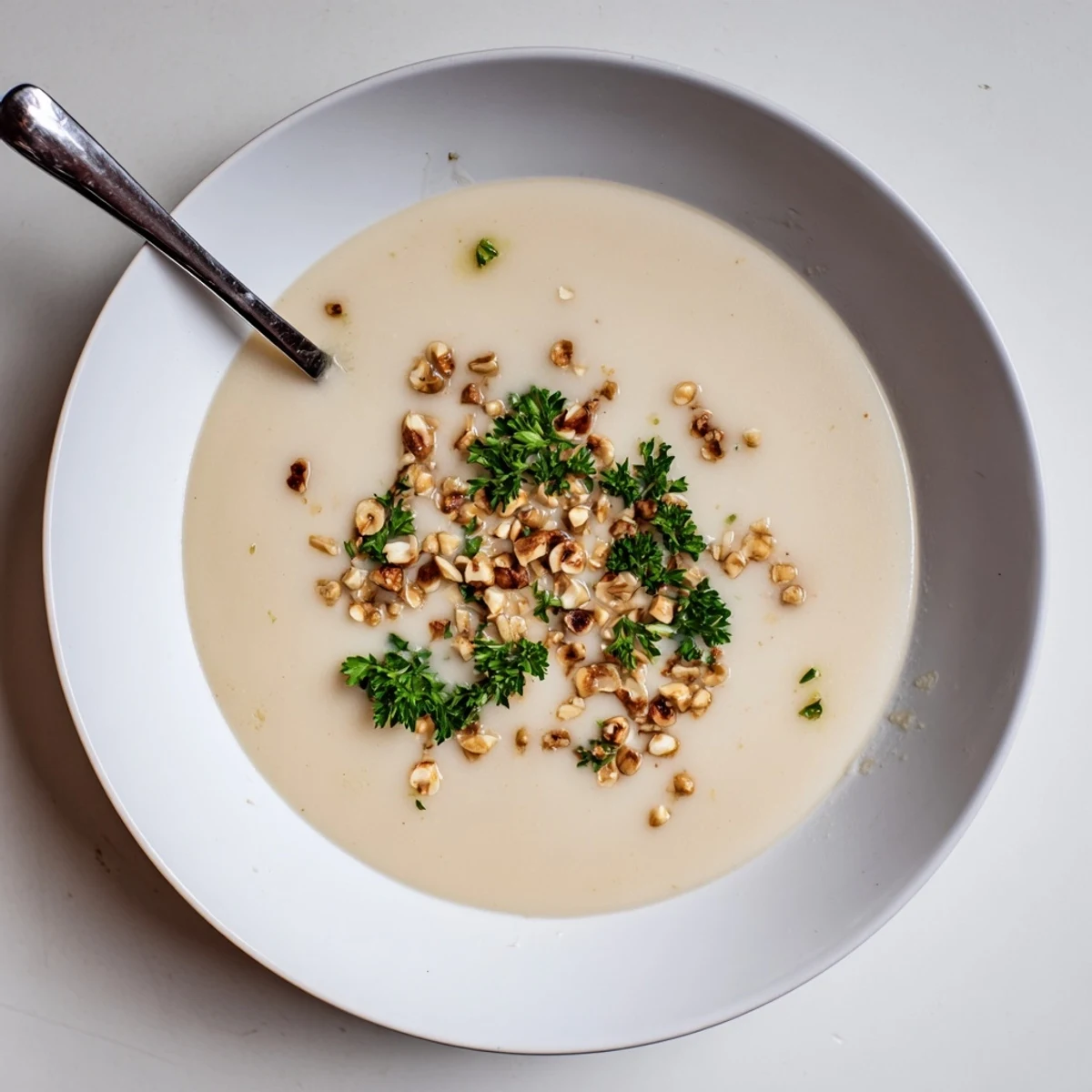 Creamy roasted celeriac soup served in a rustic bowl, topped with crunchy hazelnut crumble and fresh parsley garnish.