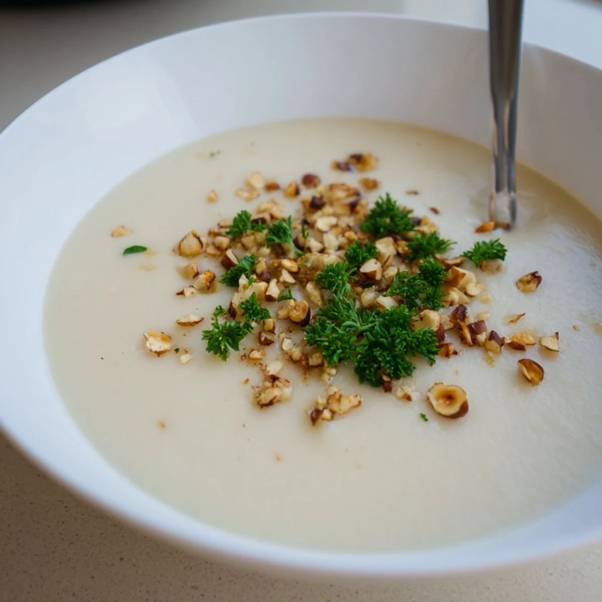 Earthy celeriac soup with smooth texture and golden hazelnut crumble, perfect for cozy vegetarian dinners in the U.S.