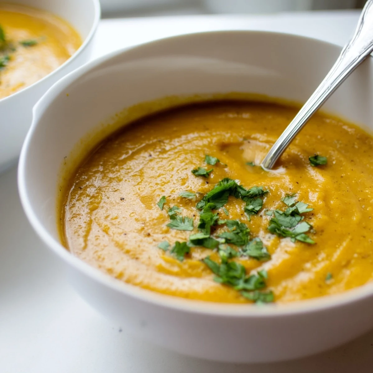 Creamy vegan butternut squash and lentil soup served with warm crusty bread for dipping on a cozy table.