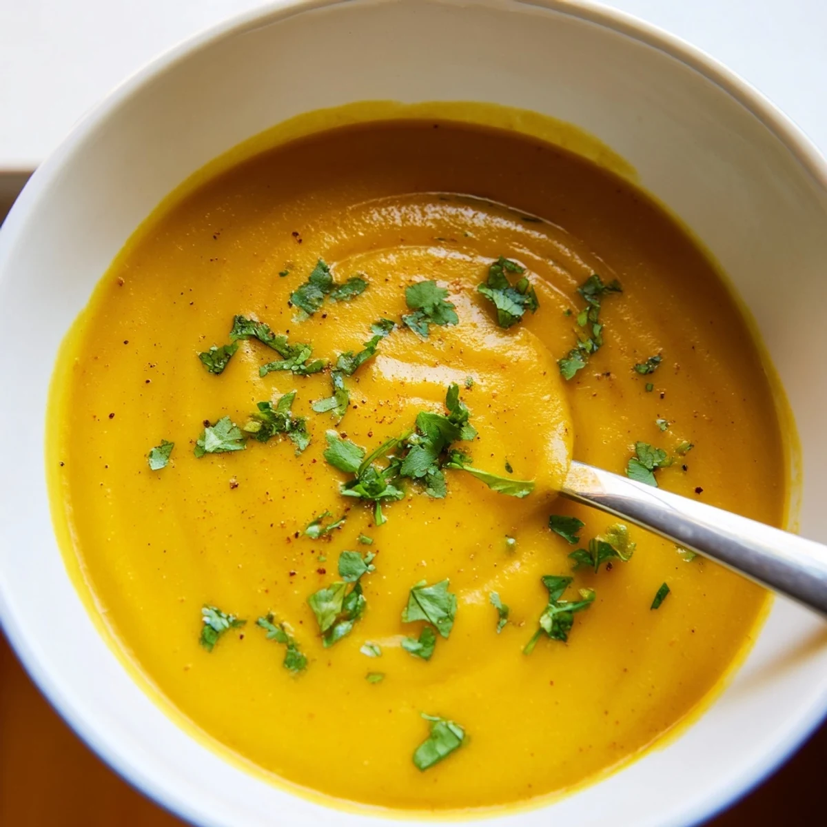 Velvety butternut squash and lentil soup blended smooth, topped with cilantro and a drizzle of olive oil.