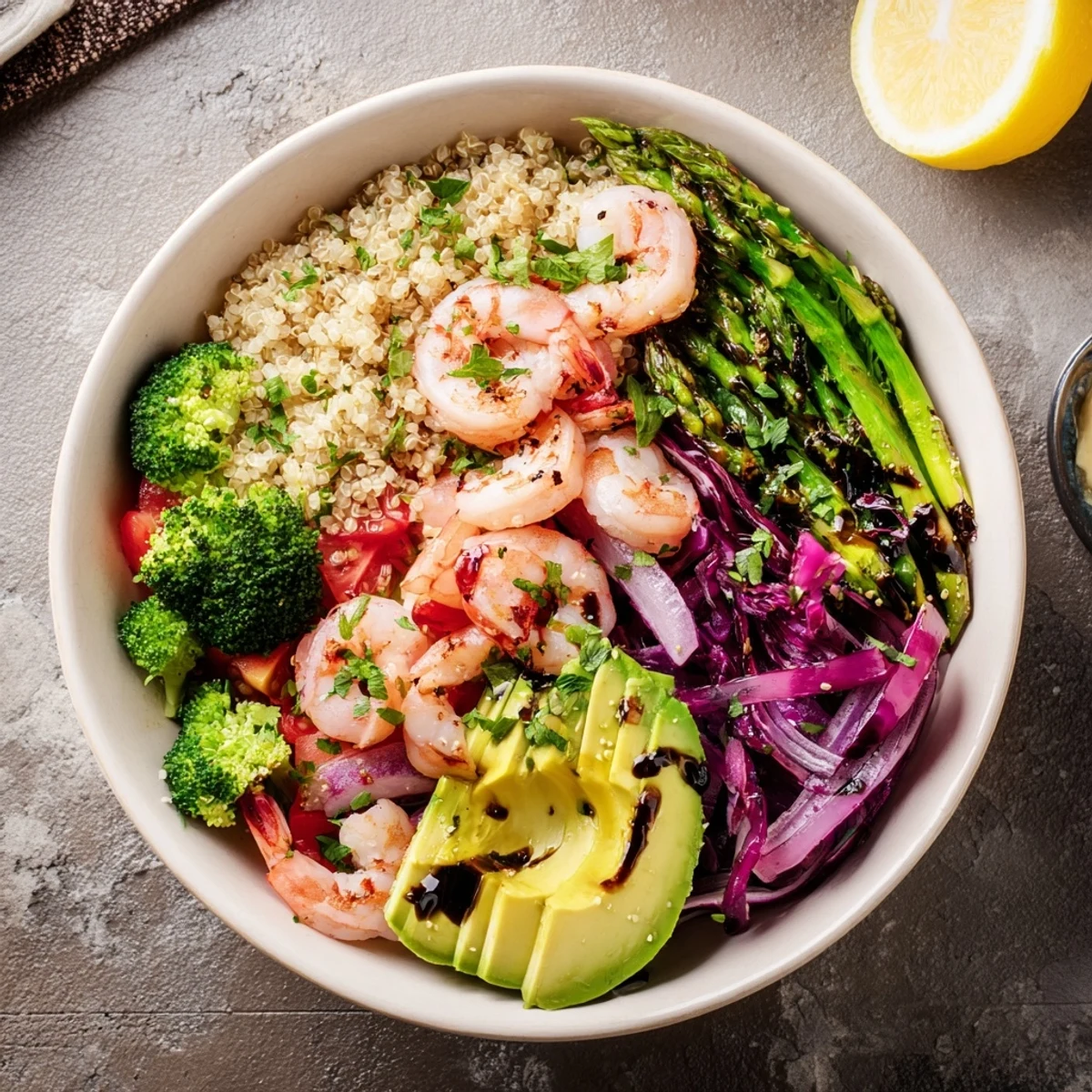 This vibrant Detox Buddha Bowl with Shrimp and Quinoa features succulent pink shrimp and fluffy grains piled high with crisp broccoli and bright red cabbage.