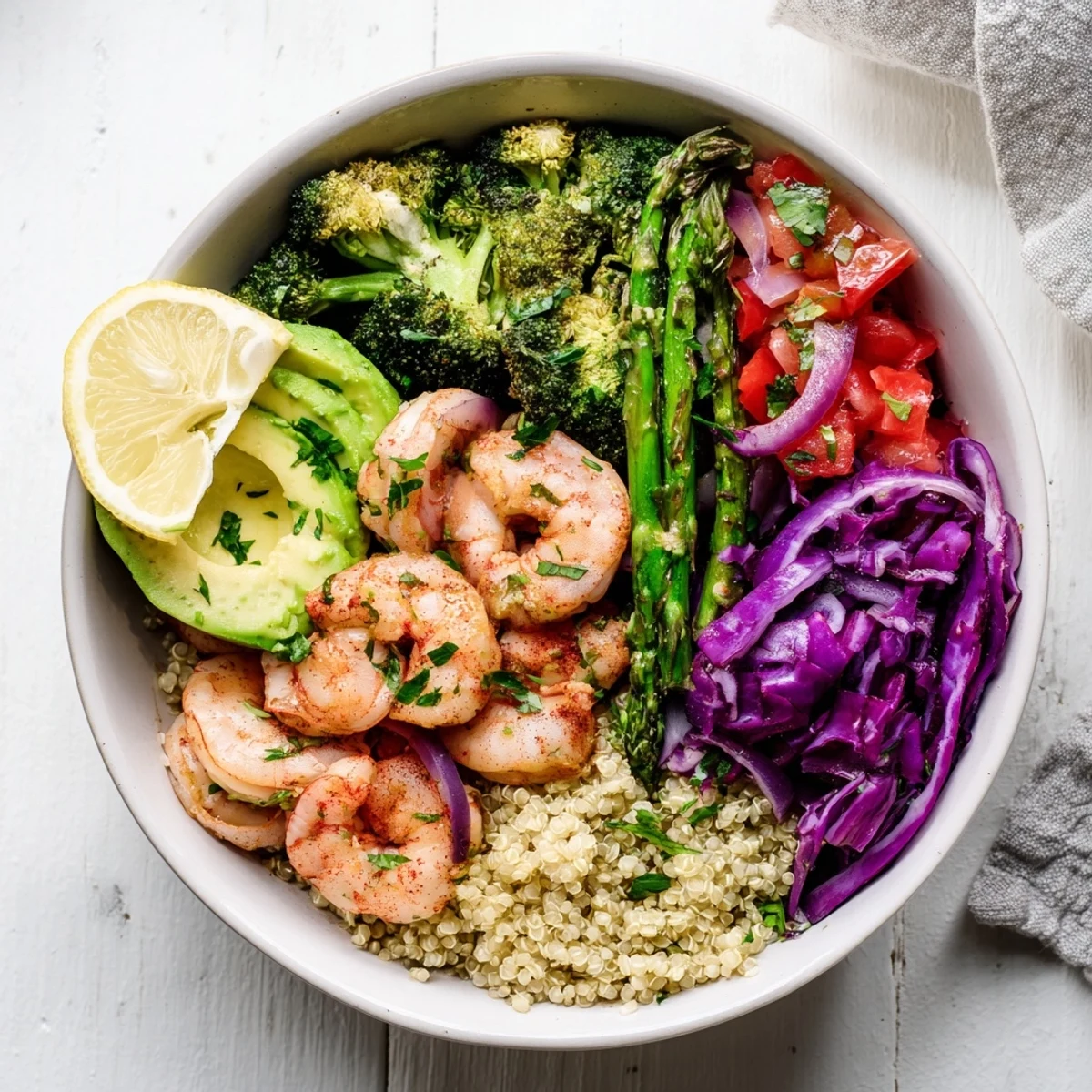 A close-up of the Detox Buddha Bowl with Shrimp and Quinoa shows creamy avocado slices and tender asparagus spears glistening with balsamic dressing.