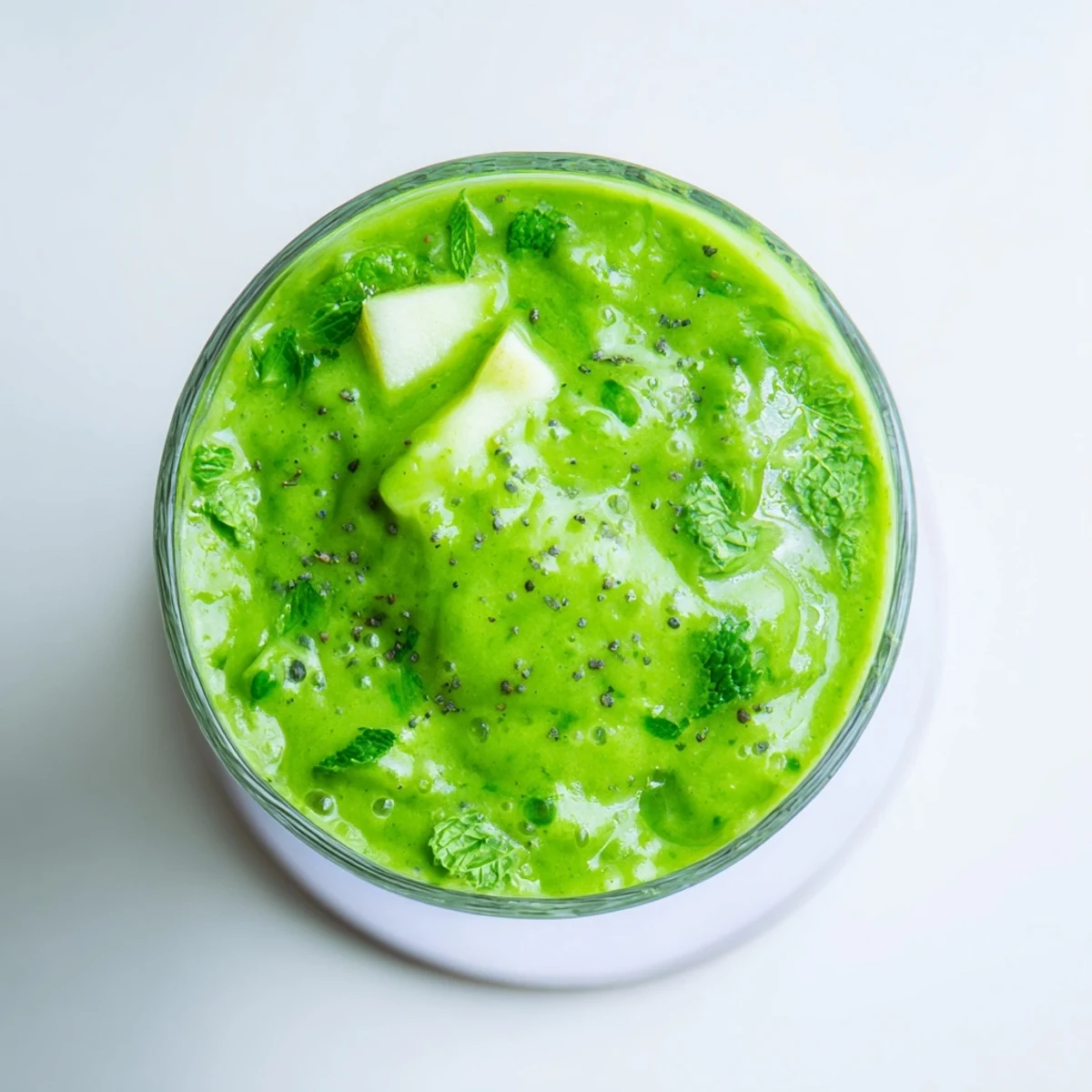 Homemade Green Detox Smoothie poured into a clear mason jar, highlighting its creamy texture and fresh apple slices.