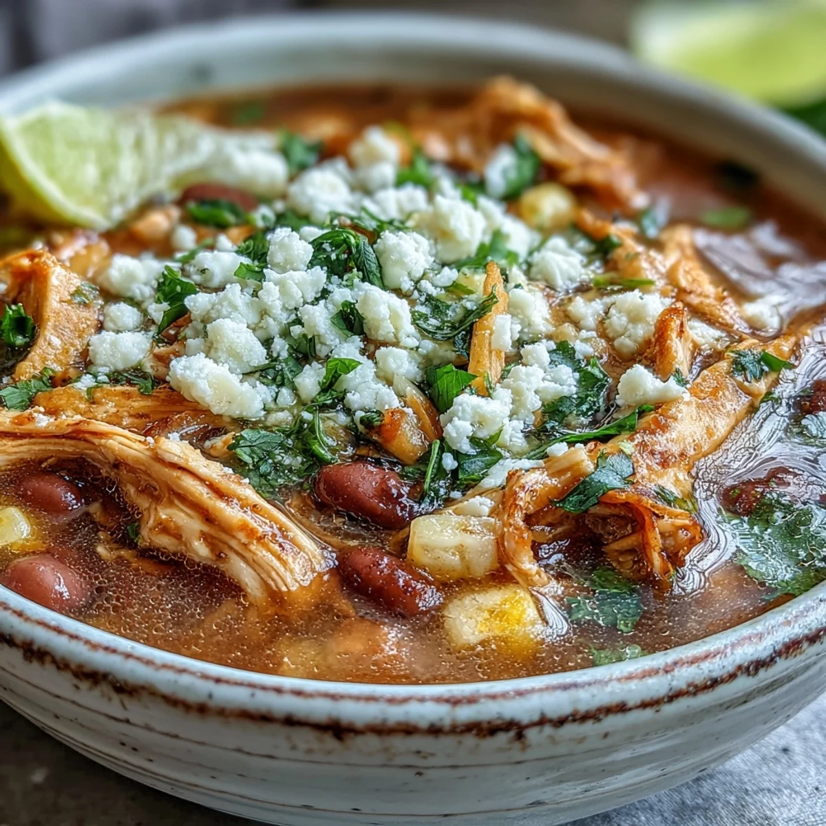 Steaming Chicken Tortilla Soup served in a white bowl, topped with crispy golden tortilla strips and fresh chopped cilantro.