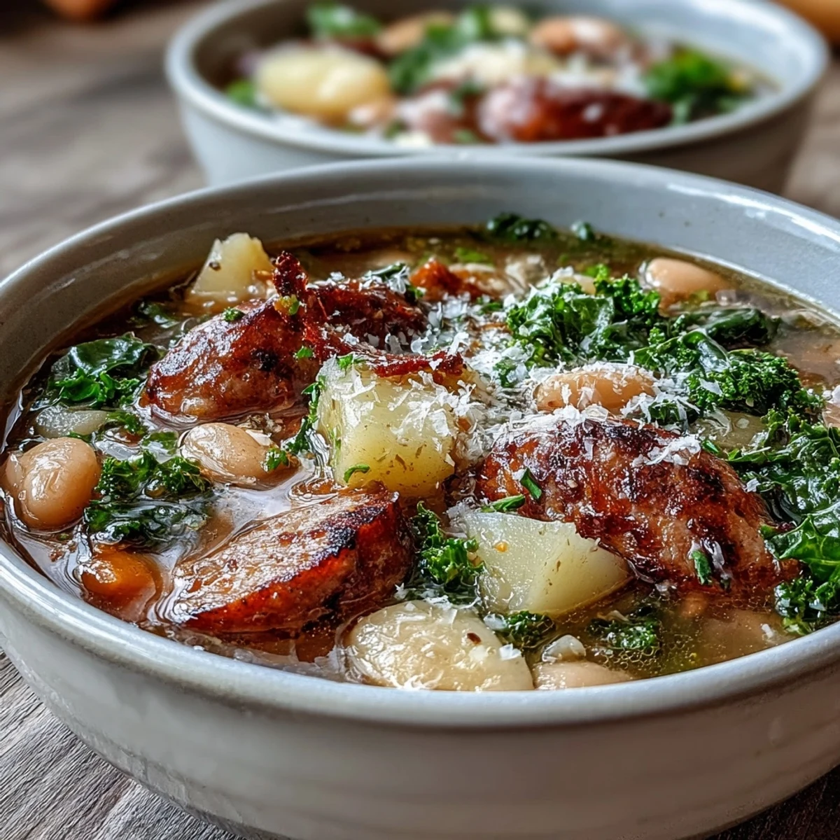 A steaming bowl of Tuscan White Bean Sausage Soup featuring Italian sausage, creamy cannellini beans, and fresh kale. 