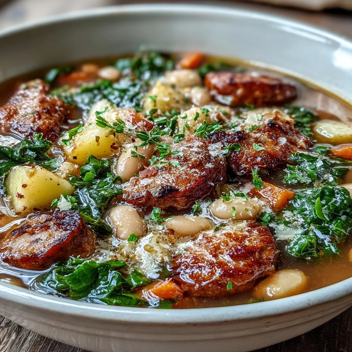 Tuscan White Bean Sausage Soup served in a rustic bowl, garnished with Parmesan cheese and a side of crusty bread. 
