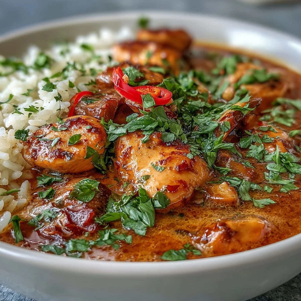 Thai Coconut Curry Soup in a white bowl with tender chicken, carrots, and jasmine rice in creamy broth, topped with cilantro and lime wedges.