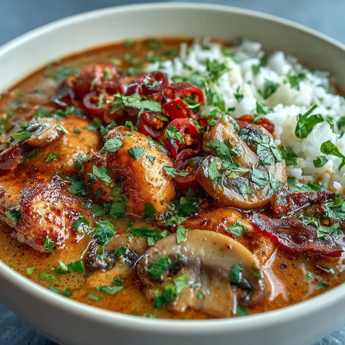 Steaming Thai Coconut Curry Soup in a rustic pot, featuring sautéed mushrooms and carrots in rich coconut milk with red curry paste.