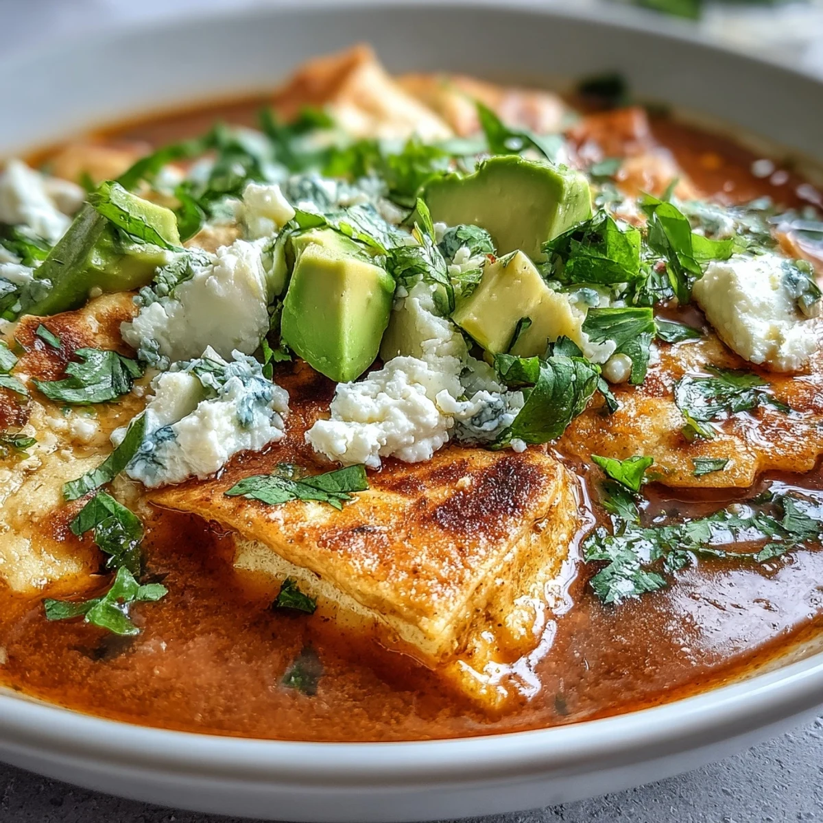 Fresh avocado, cilantro, and a lime wedge accompany this vibrant Mexican tomato-chile soup.