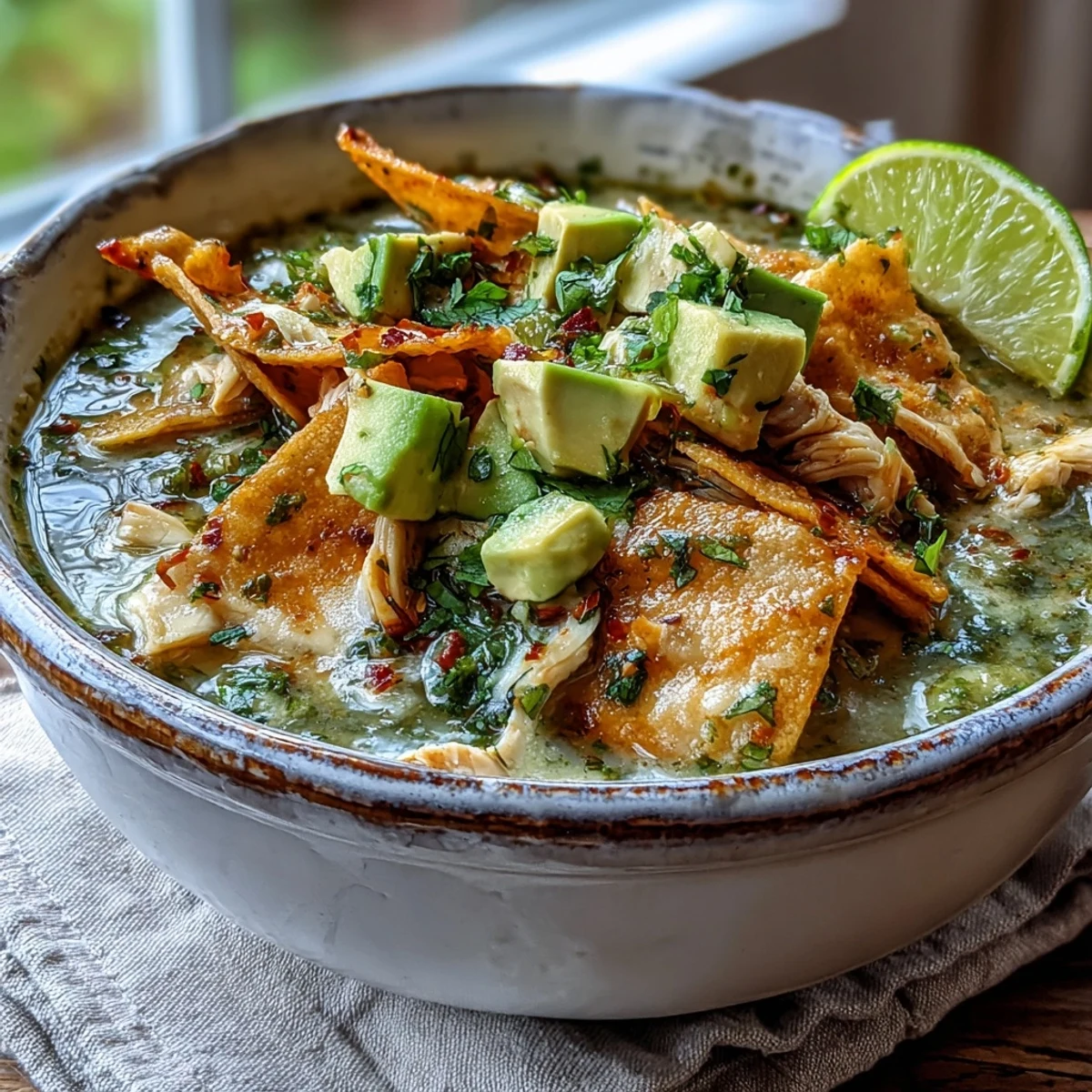 Creamy Chicken Tortilla Soup topped with avocado, cilantro, and crispy chips in a rustic bowl.