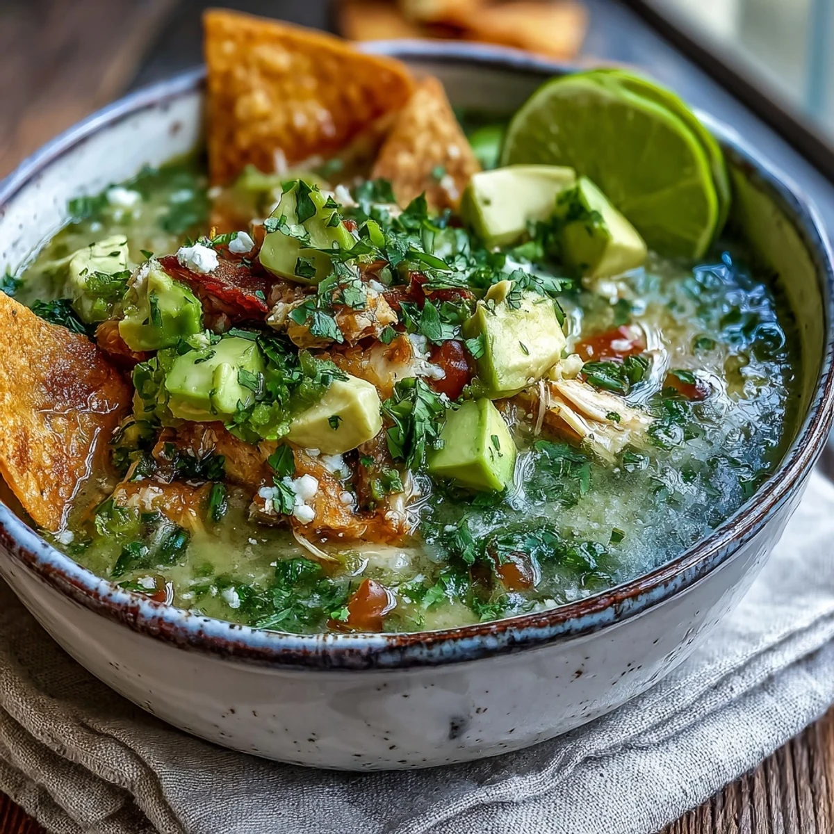 Steaming bowl of Tex-Mex Creamy Chicken Tortilla Soup served with tortilla chips and avocado.