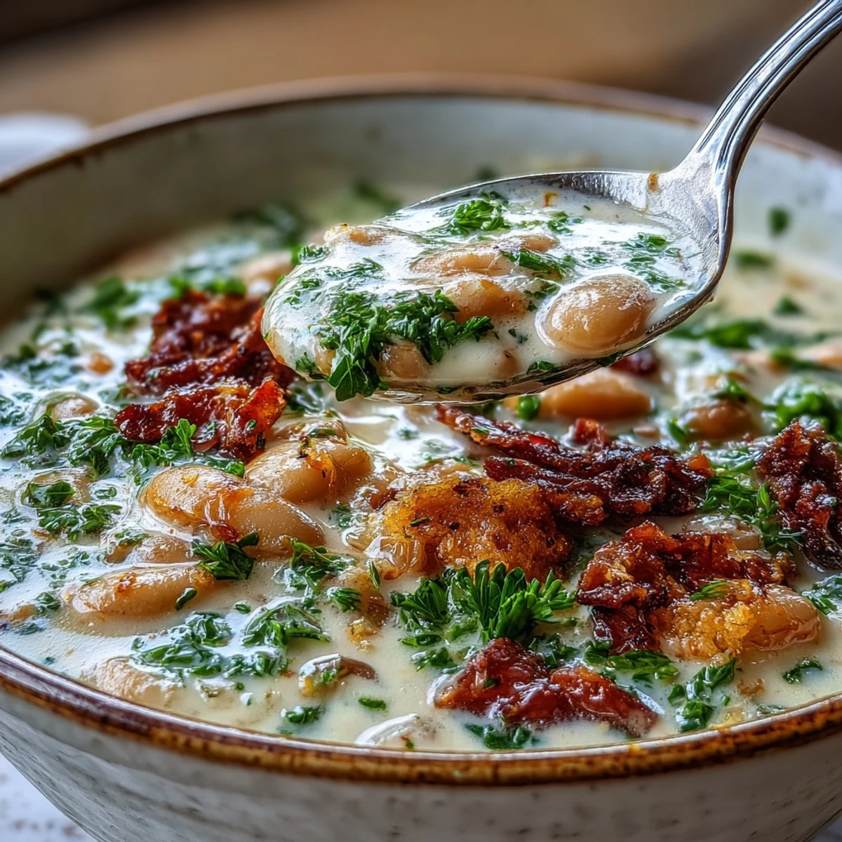 A bowl of Creamy Tuscan White Bean Soup topped with grated Parmesan and fresh basil, perfect with crusty bread for dipping.