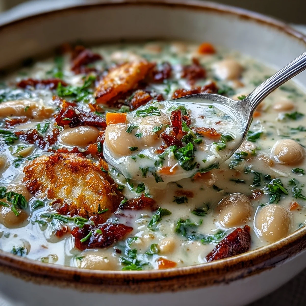 Creamy Tuscan White Bean Soup with crispy pancetta, sun-dried tomatoes, and a velvety finish, served steaming in a rustic bowl.