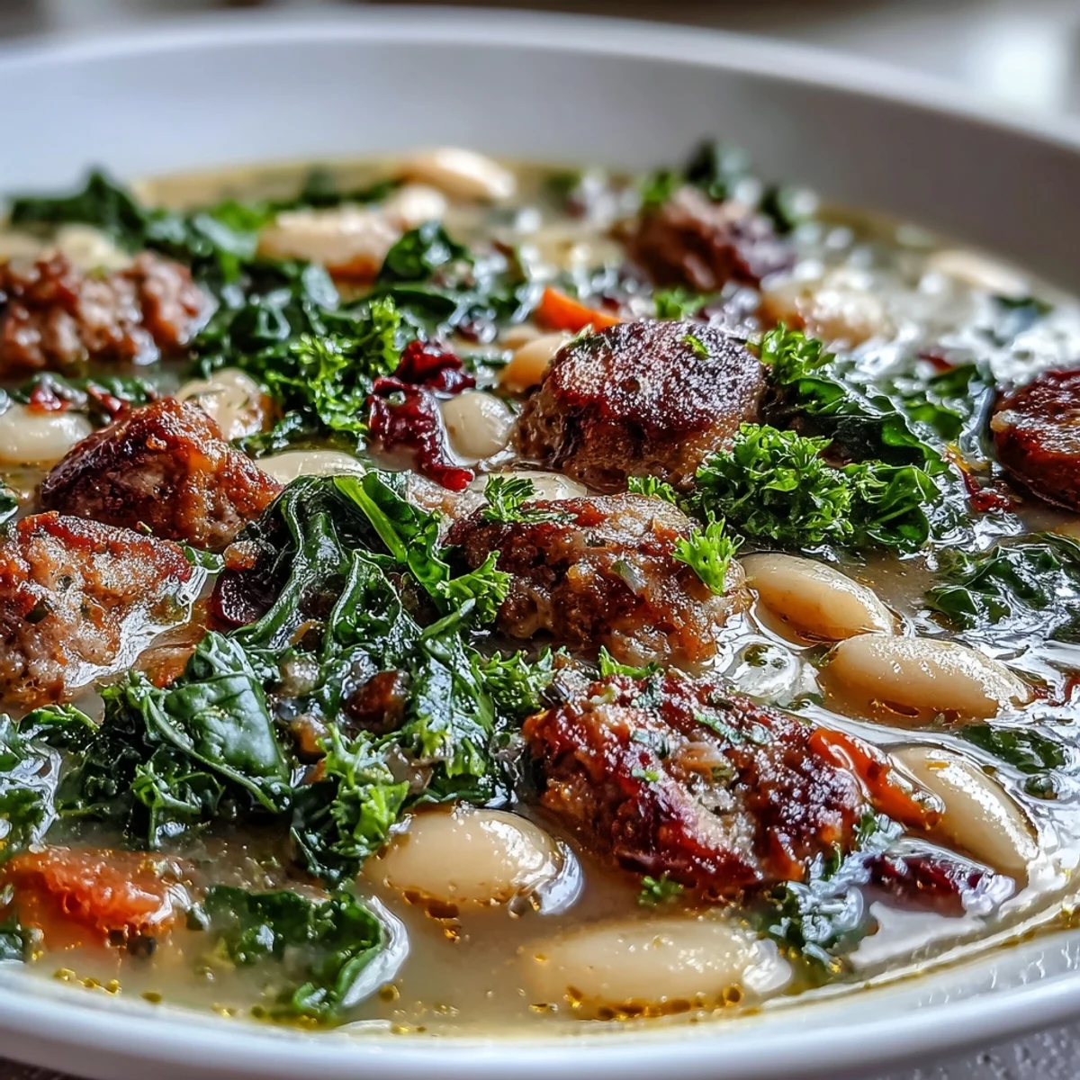 A close-up of Italian White Bean Soup with Kale and Sausage, featuring creamy cannellini beans, tender kale, and crumbled spicy sausage in a rich golden broth.