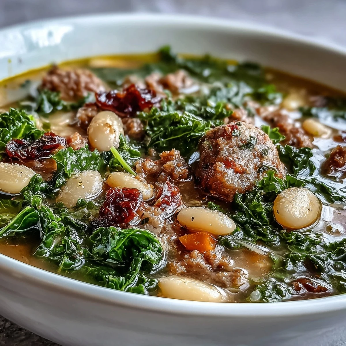 Spoon lifting a serving of Italian White Bean Soup with Kale and Sausage, revealing savory sausage pieces and creamy beans in a rustic, steamy broth.