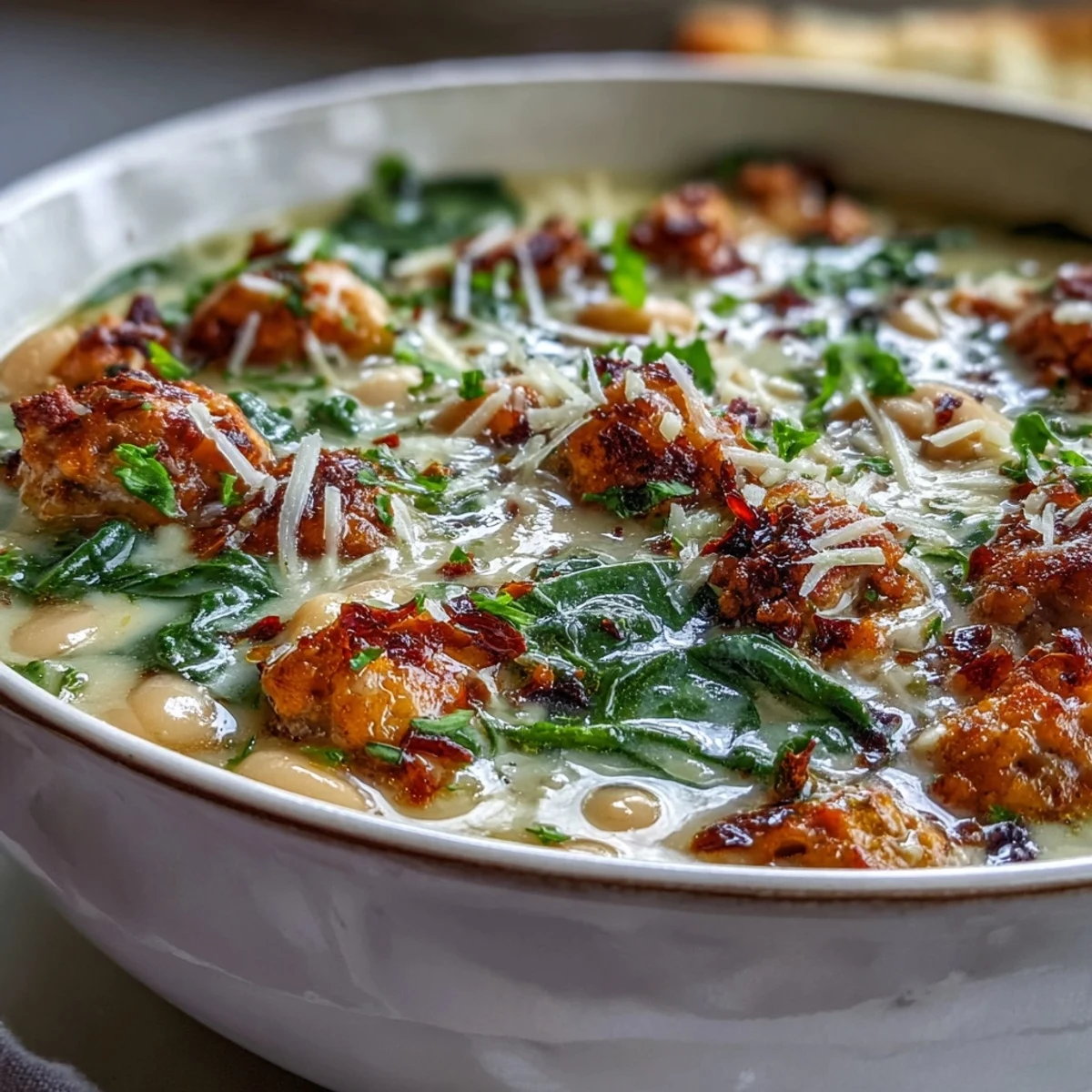 Creamy Tuscan White Bean Soup with Sausage steams in a rustic bowl with wilted spinach and Parmesan, served alongside crusty bread for dipping.