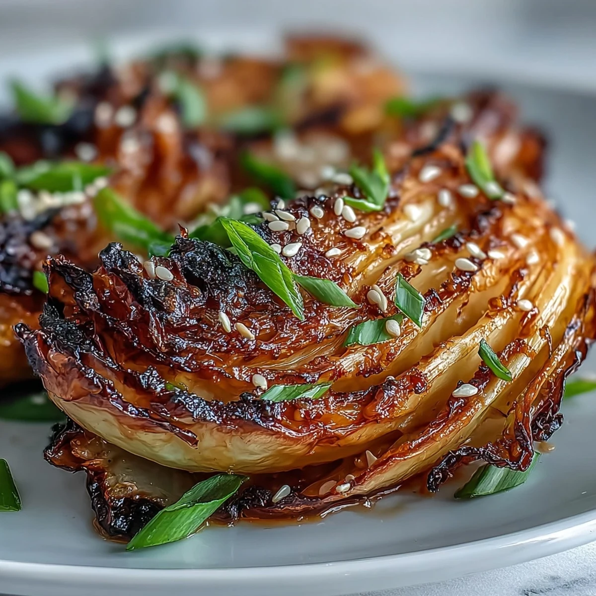 Platter of tender Miso Butter Roasted Cabbage Wedges, ready to serve alongside grilled fish or rice.