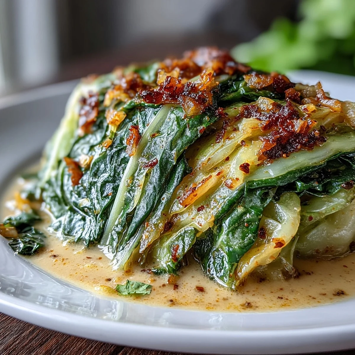 Freshly made Coconut Braised Cabbage simmered in creamy coconut milk, turmeric, and spices, garnished with cilantro.
