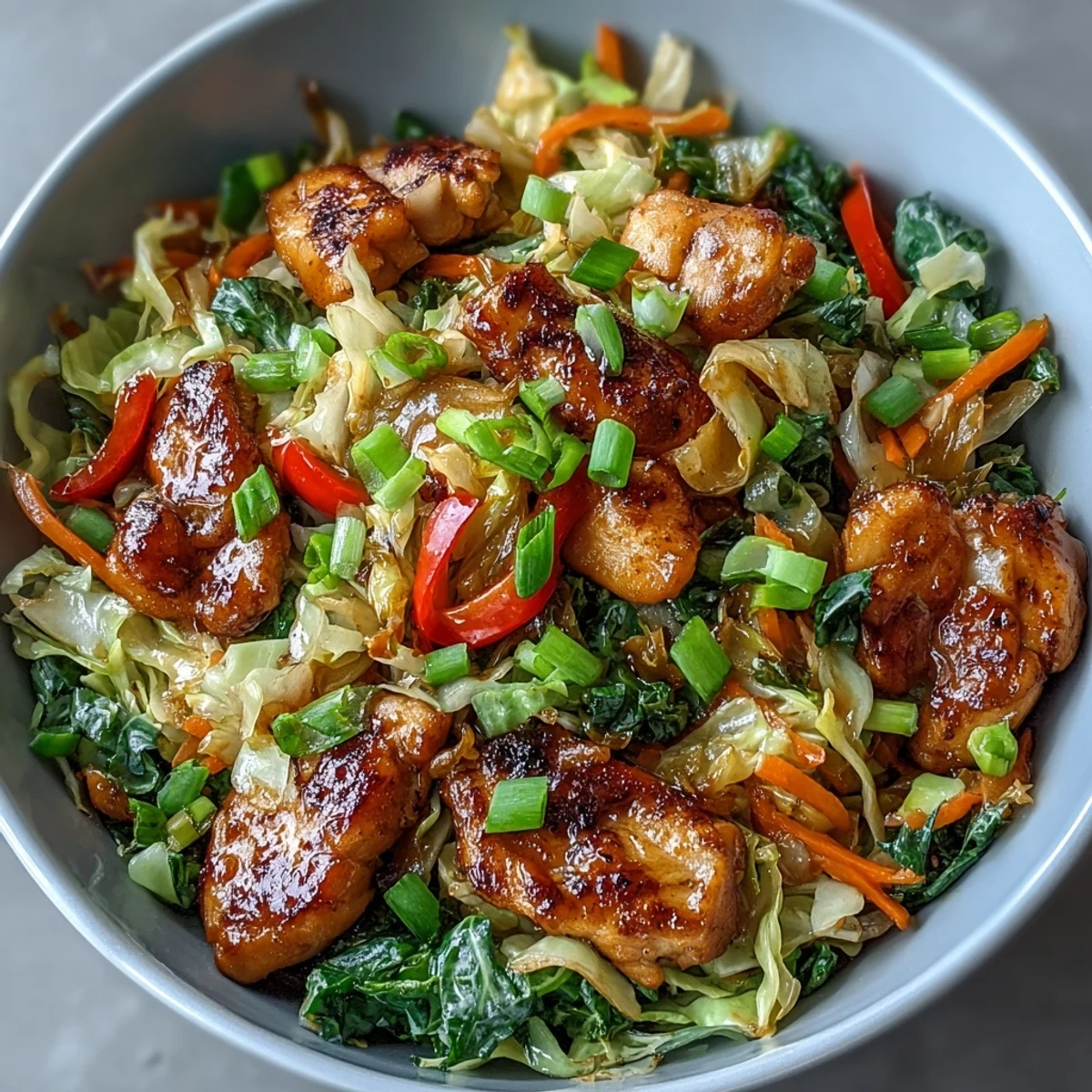 Golden brown pieces of Chicken Cabbage Stir-Fry are tossed with crisp green cabbage and bright red bell peppers in a glossy, dark savory sauce. The vibrant stir-fry is steaming in a wok, promising a quick and flavorful weeknight dinner. A ready-to-serve Chicken Cabbage Stir-Fry platter is garnished with fresh green onions and sesame seeds over fluffy white rice.