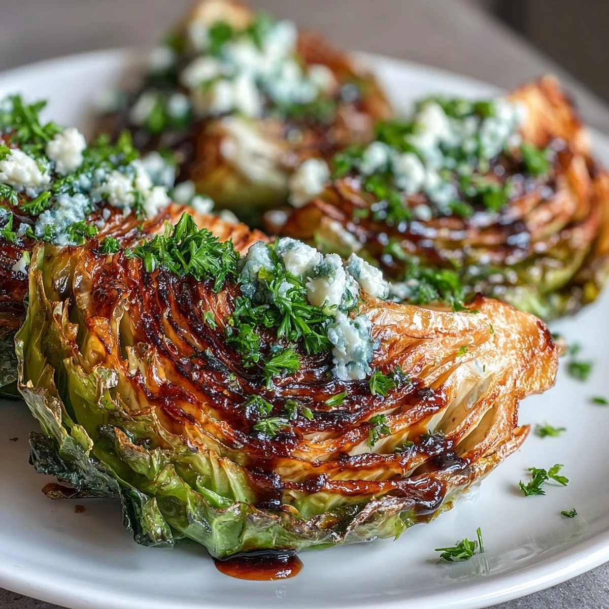 Golden roasted Crispy Cabbage Steaks With Feta and Balsamic with a drizzle of dark balsamic glaze.