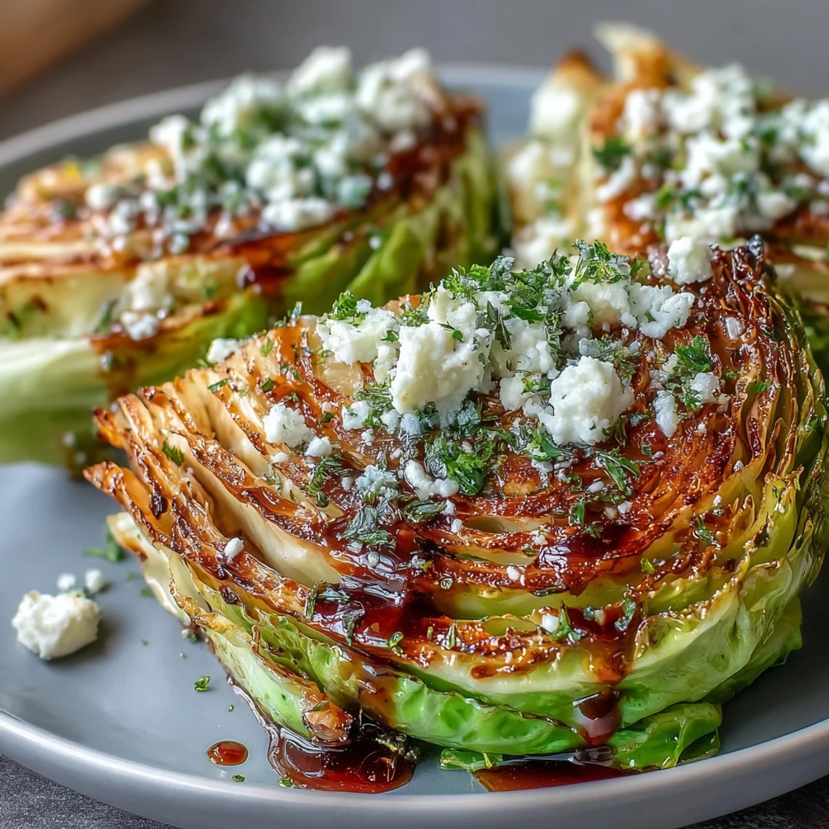 Crispy Cabbage Steaks With Feta and Balsamic served warm as a vegetarian Mediterranean side dish for dinner.