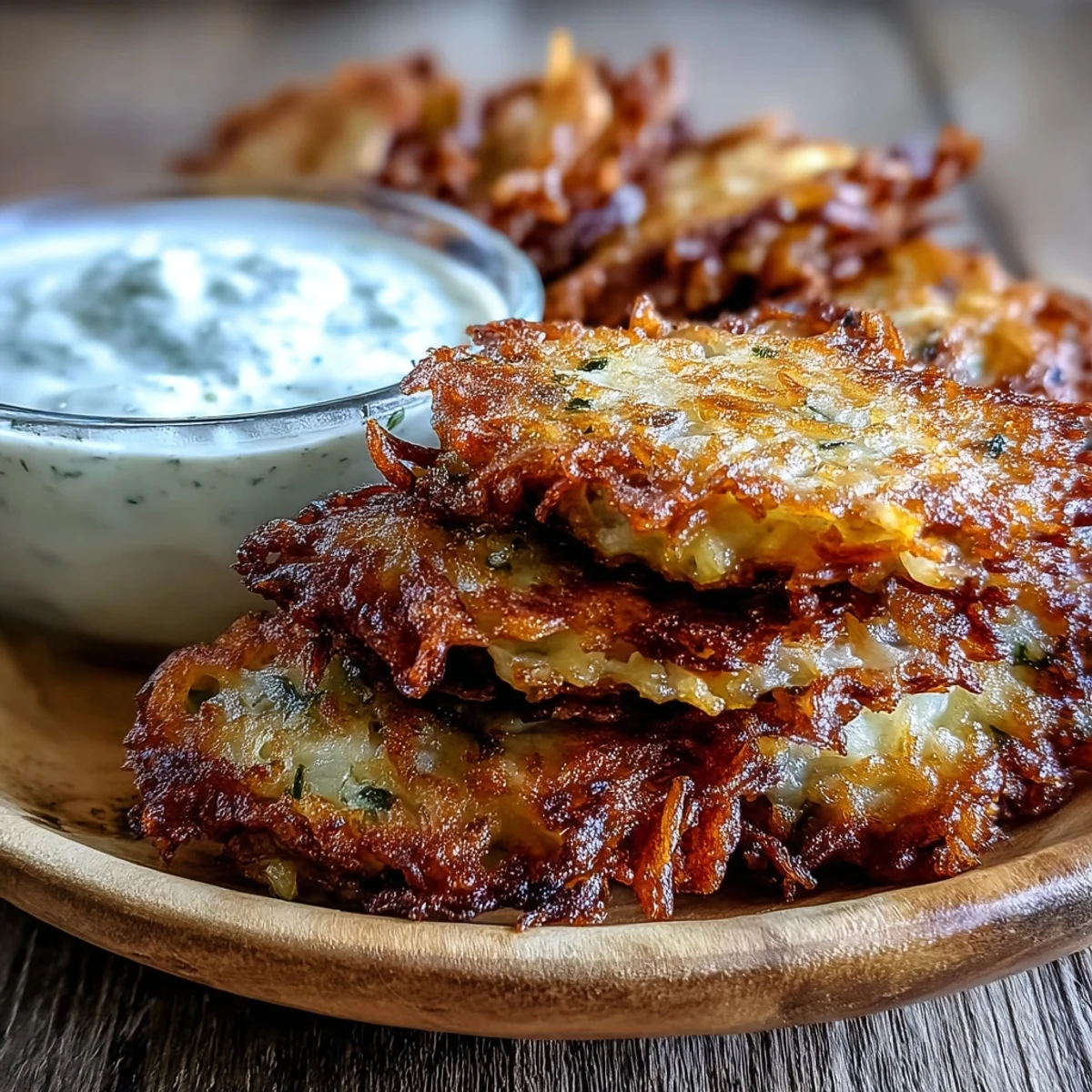 Golden brown Cabbage Fritters With Dipping Sauce are piled high on a white plate, offering a crispy, crunchy texture for an easy vegetarian appetizer.