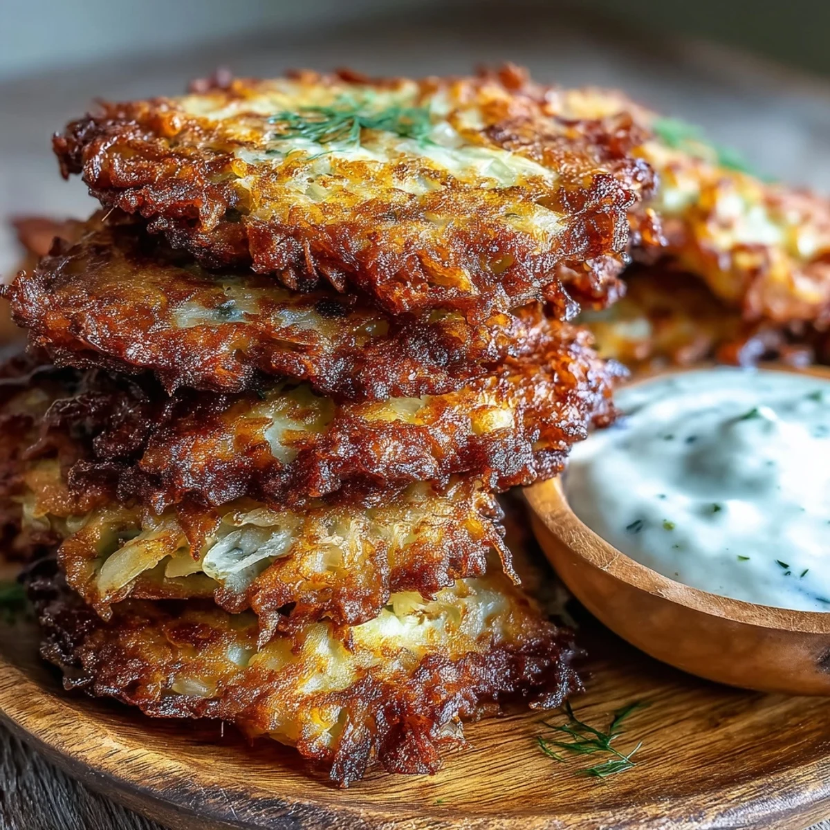 A close-up of tender Cabbage Fritters With Dipping Sauce reveals green shreds inside, served alongside a creamy, tangy yogurt dip for snacking.