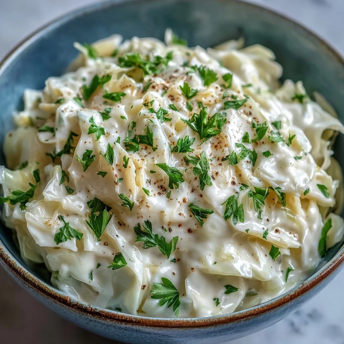 Creamed Cabbage served warm as a comforting side dish, garnished with fresh parsley in a rustic bowl.