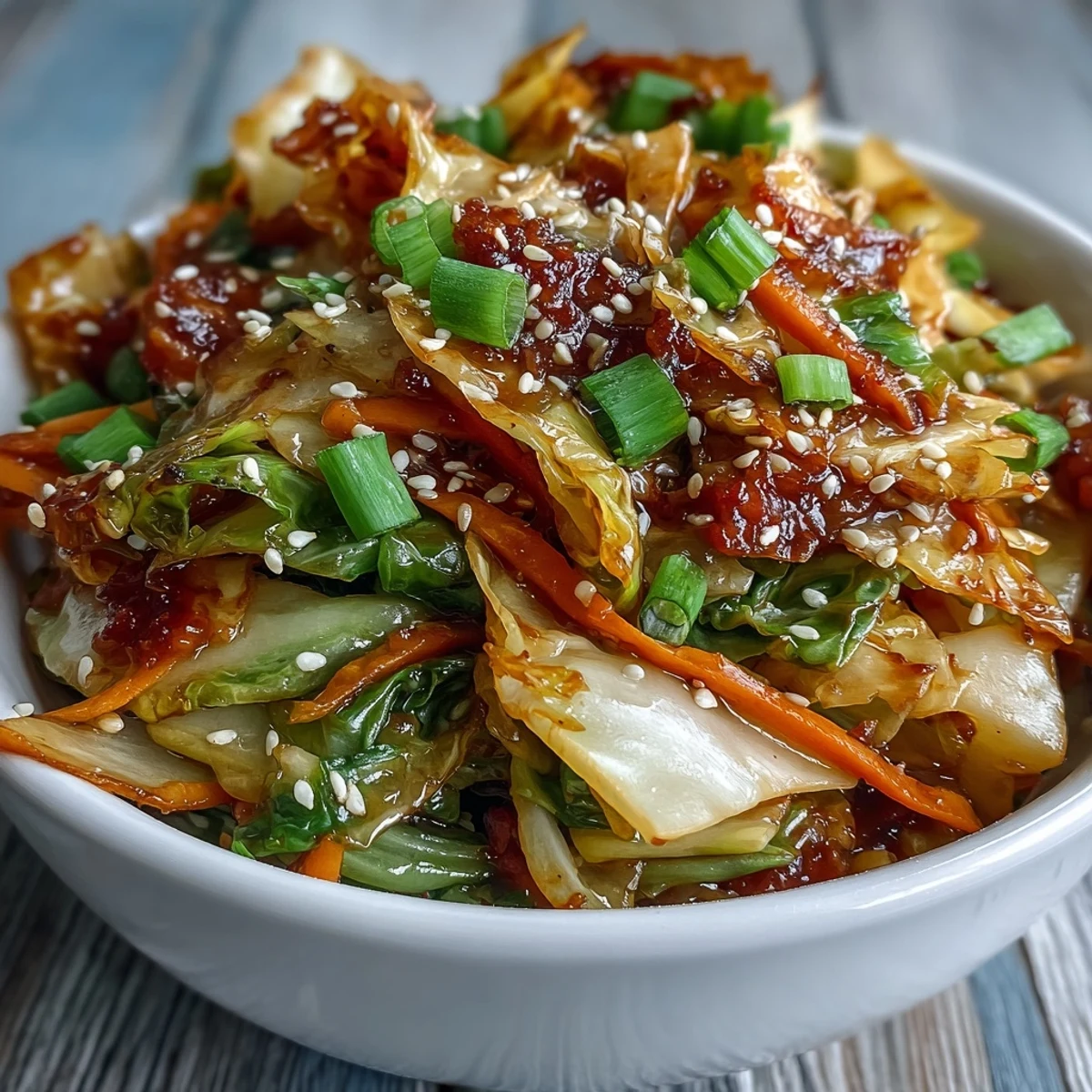 Crisp, steaming Hot and Sour Cabbage with julienned carrots and scallions in a glossy sauce.