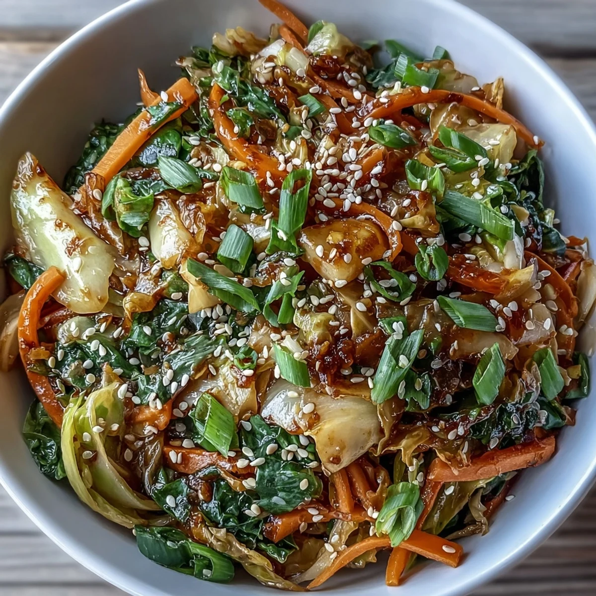 Close-up of vibrant Hot and Sour Cabbage showcasing tender-crisp texture and toasted sesame seed garnish.