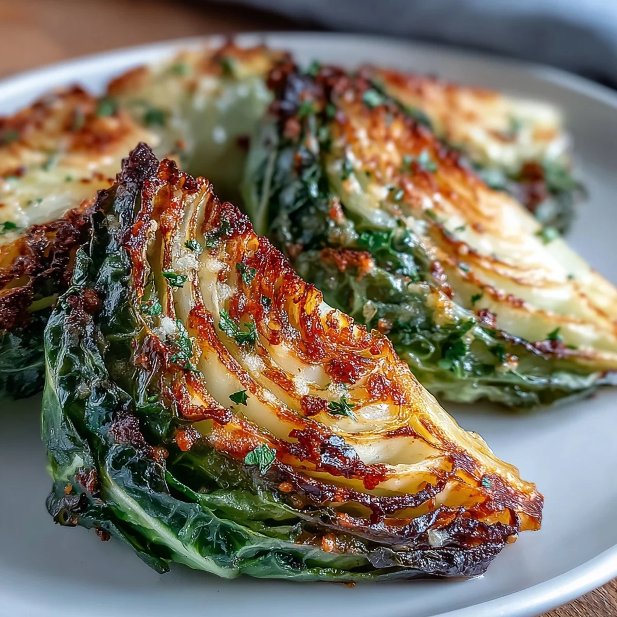 Golden-baked Roasted Garlic Parmesan Cabbage Wedges feature caramelized edges and a savory, crispy Parmesan coating on the baking sheet.