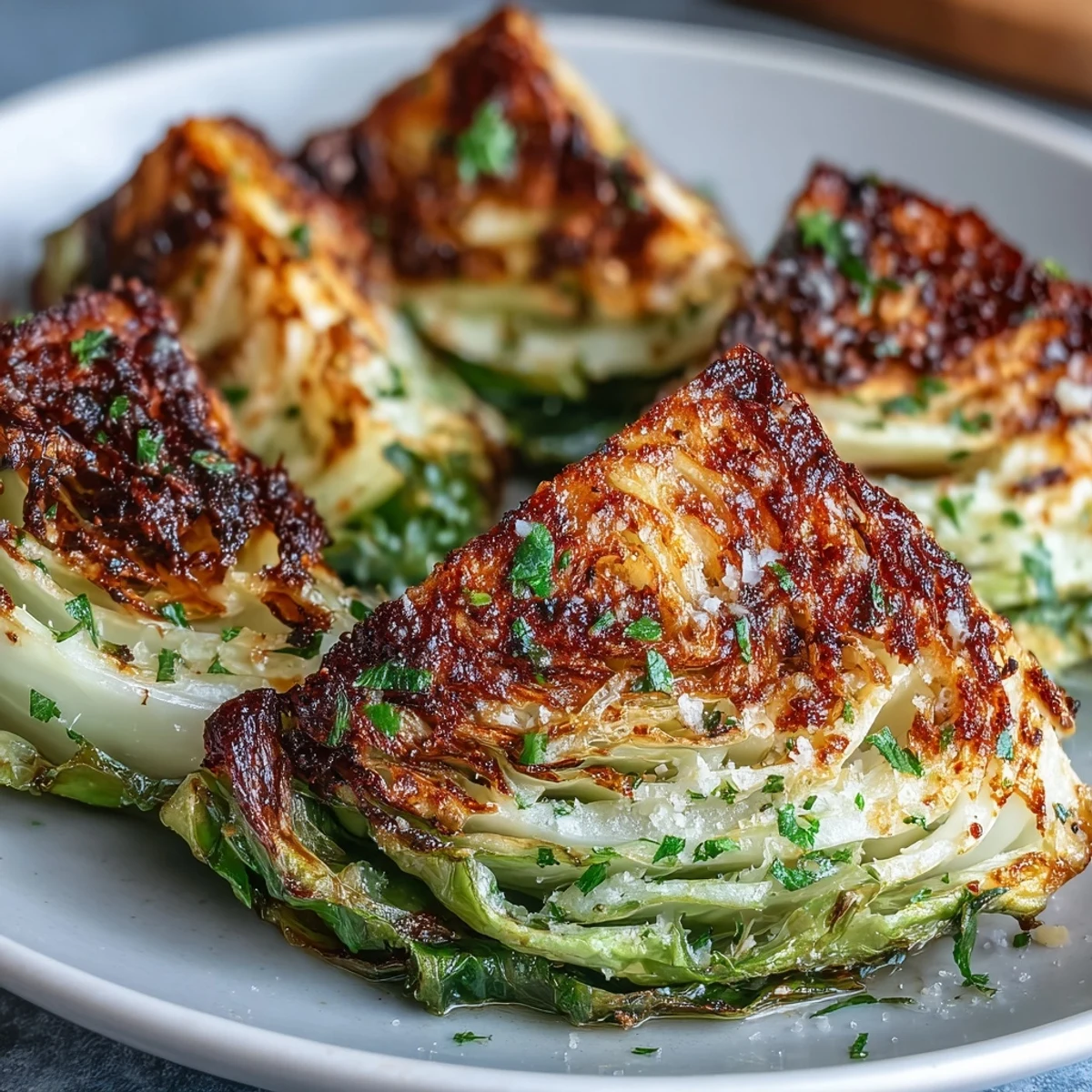Fresh from the oven, Roasted Garlic Parmesan Cabbage Wedges steam gently, showcasing melted cheese and a rustic, charred finish.