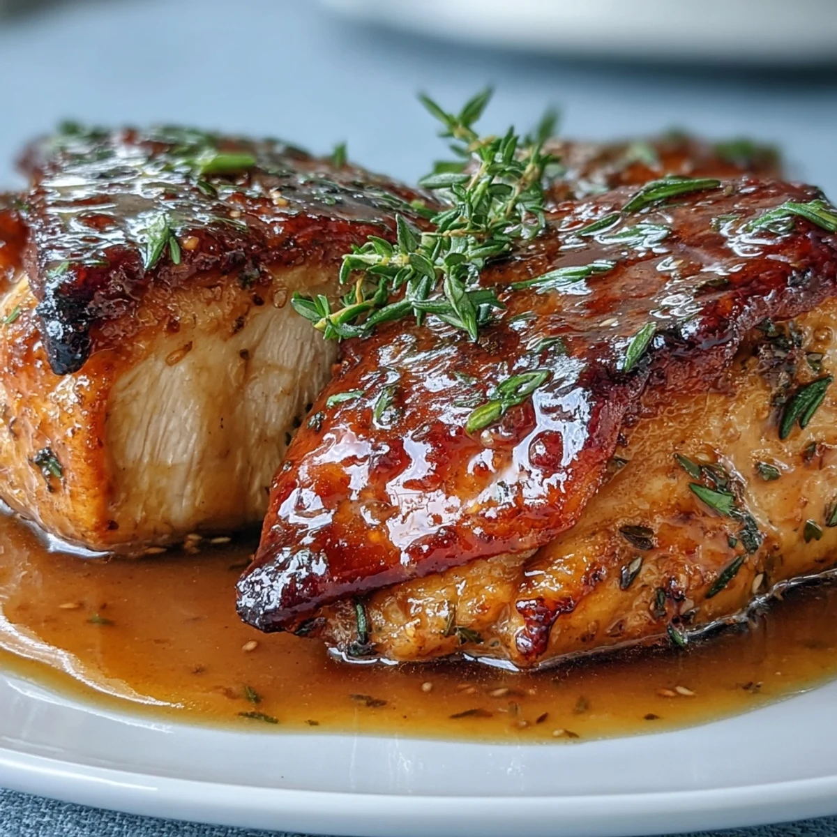 Slow Cooker Honey Mustard Chicken plated with mashed potatoes and roasted broccoli, drizzled with a thick, tangy sauce.
