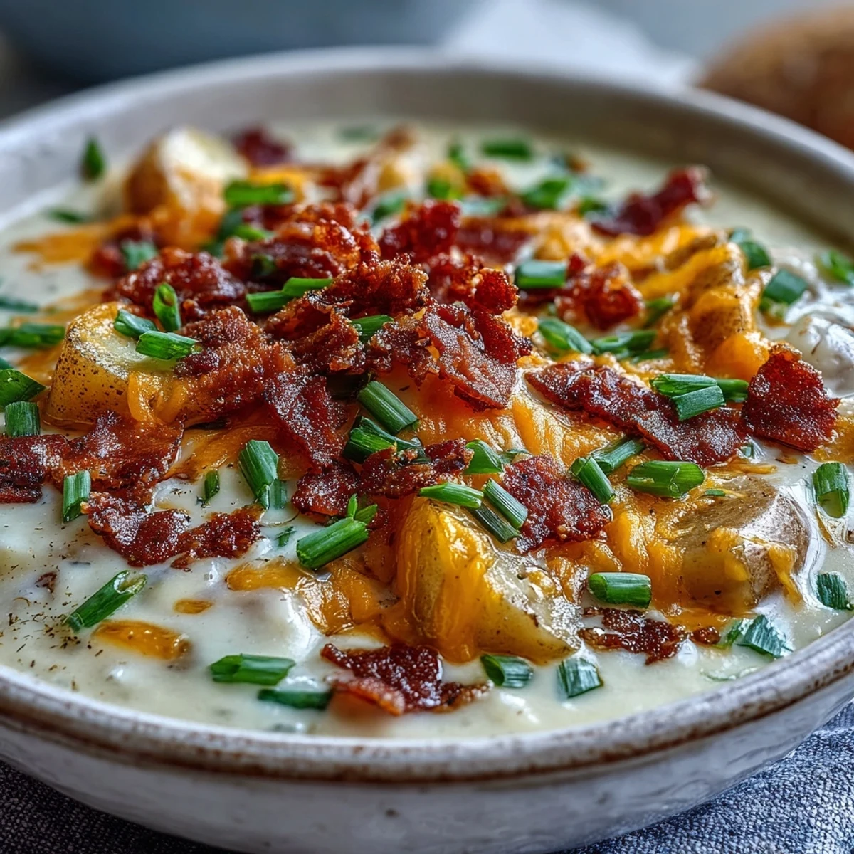 Creamy Loaded Potato Soup in a rustic bowl, topped with crumbled bacon, shredded cheddar, and fresh green onions for a comforting meal.