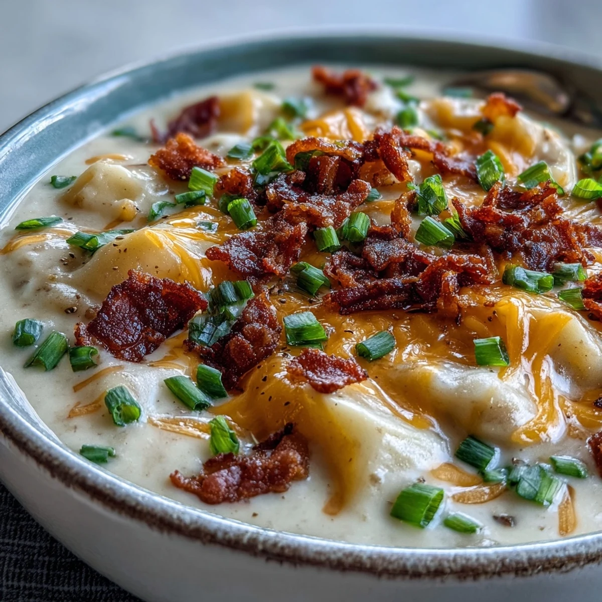 Velvety Loaded Potato Soup garnished with sliced green onions and extra cheese, a cozy, gluten-free American classic perfect for chilly days.