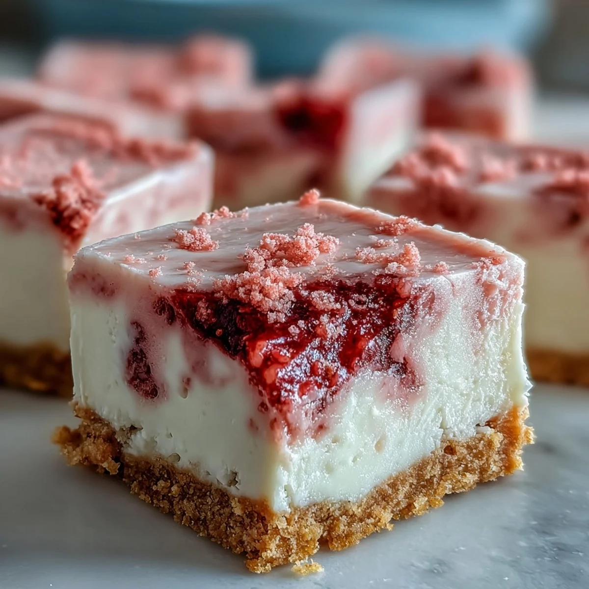 Freshly chilled No-Bake Strawberry Fudge Squares topped with a fresh strawberry slice, showing a creamy pink fudge on a graham cracker crust.